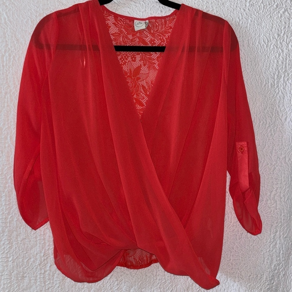 Paper Crane Lace Back Drape Front Surplice 3/4 Sleeve Blouse